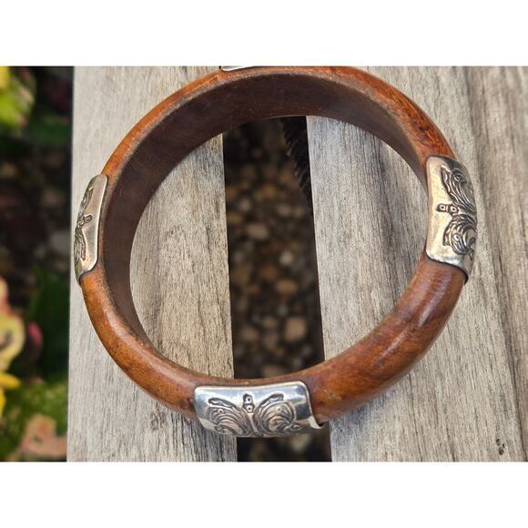 Vintage Silpada Etched Sterling Silver and Wood Bangle Bracelet, 2007 B1490 - Picture 7 of 8
